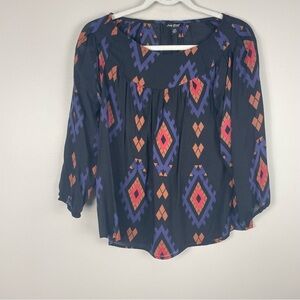 Lucky Brand Blouse Womens XS Aztec Boatneck Shirt Black Red Orange Top Casual